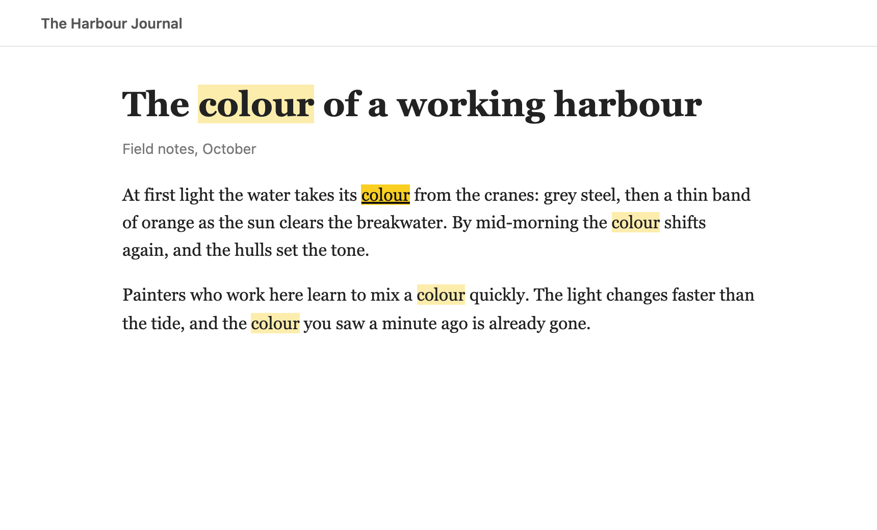 An article with every occurrence of the word colour highlighted in yellow; the second one is marked as current.