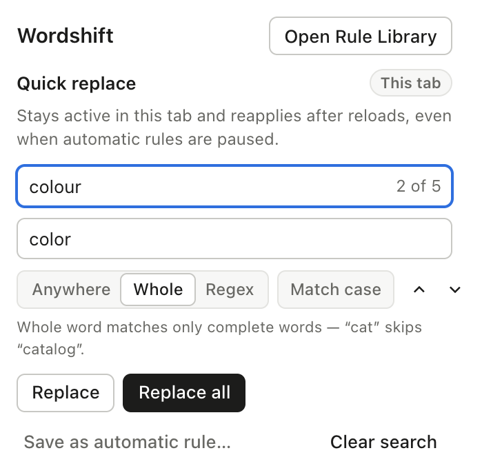 The Wordshift popup with colour in the Find field, color in the Replace field, Whole mode selected, and the count 2 of 5.